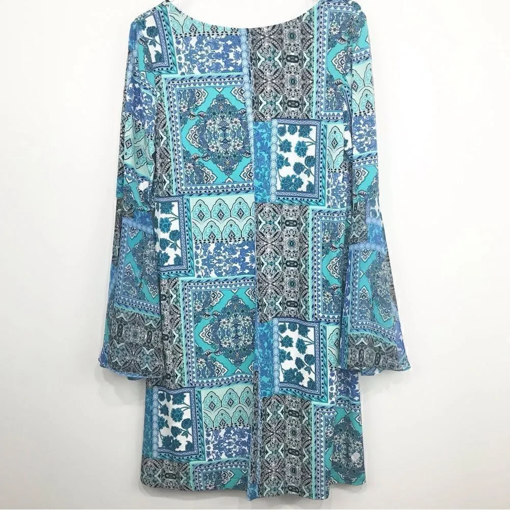 Ronni Nicole Blue Patchwork Floral Tapestry Print Bell Sleeve Sheath Dress